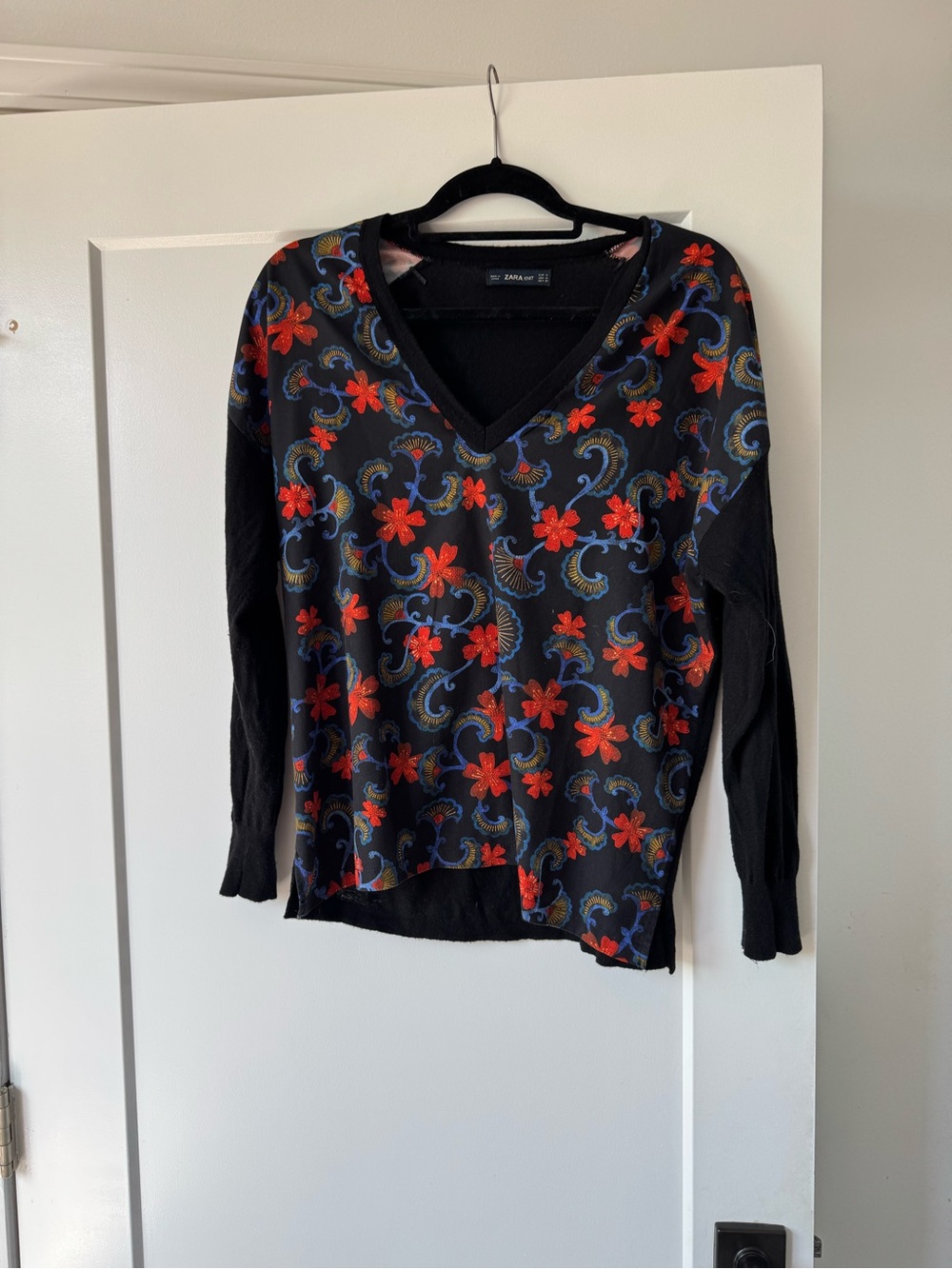 Zara Black V-Neck Sweater with Red Floral and Blue Paisley Print bought in Paris